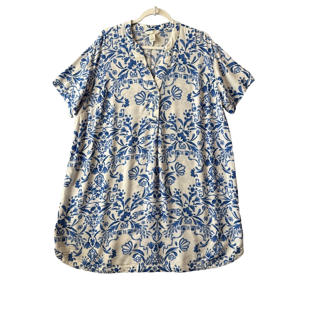 HM Mosaic Print Shift Dress L Relaxed Blue White Floral Resort Vacation Comfy